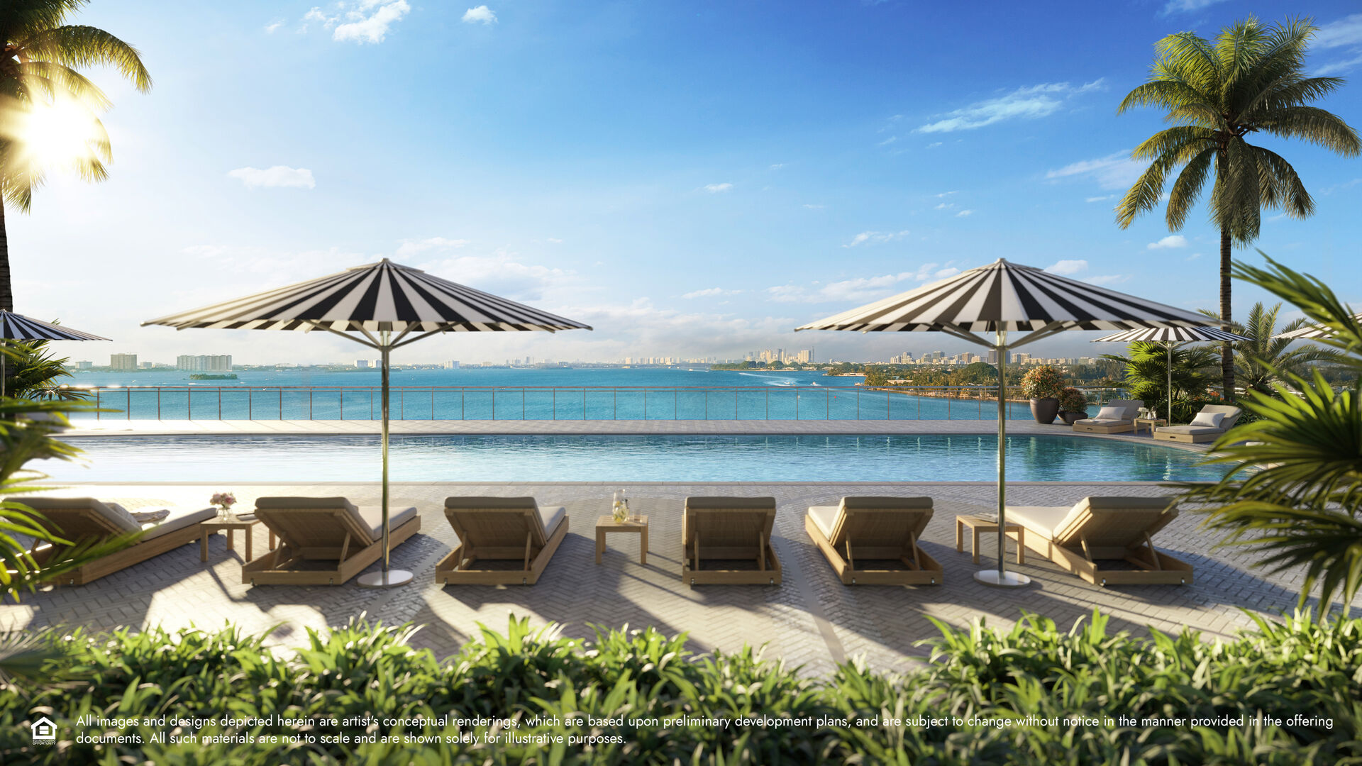 Waterside pool with cabanas